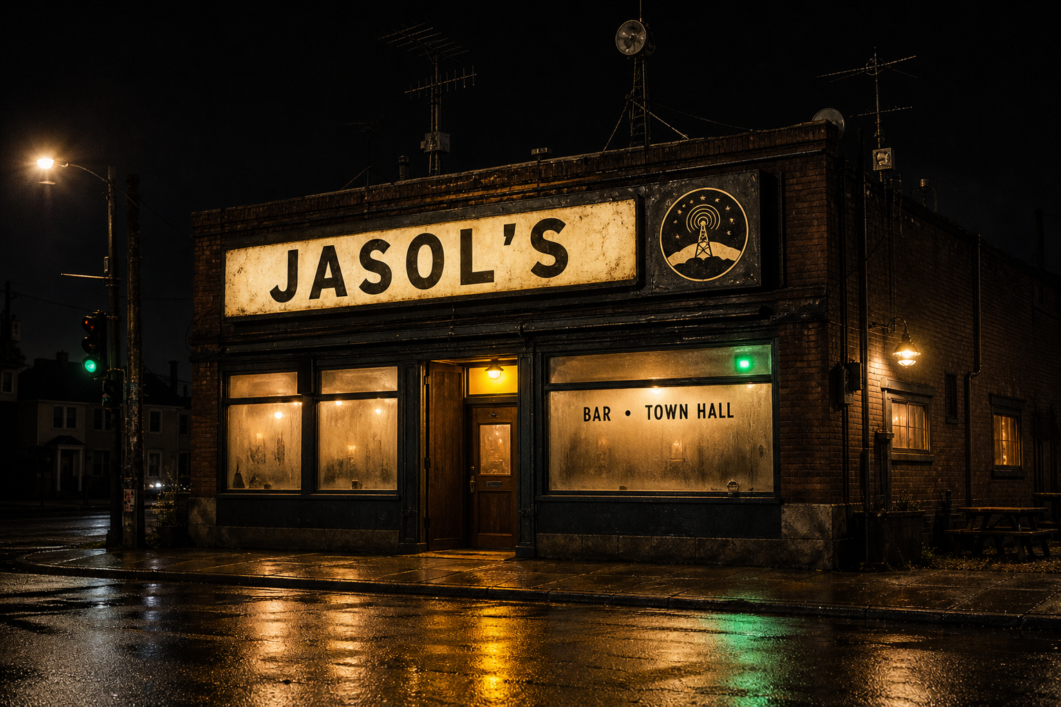 Rain-dark brick exterior of Jasol's, a warmly lit corner bar marked Bar and Town Hall.