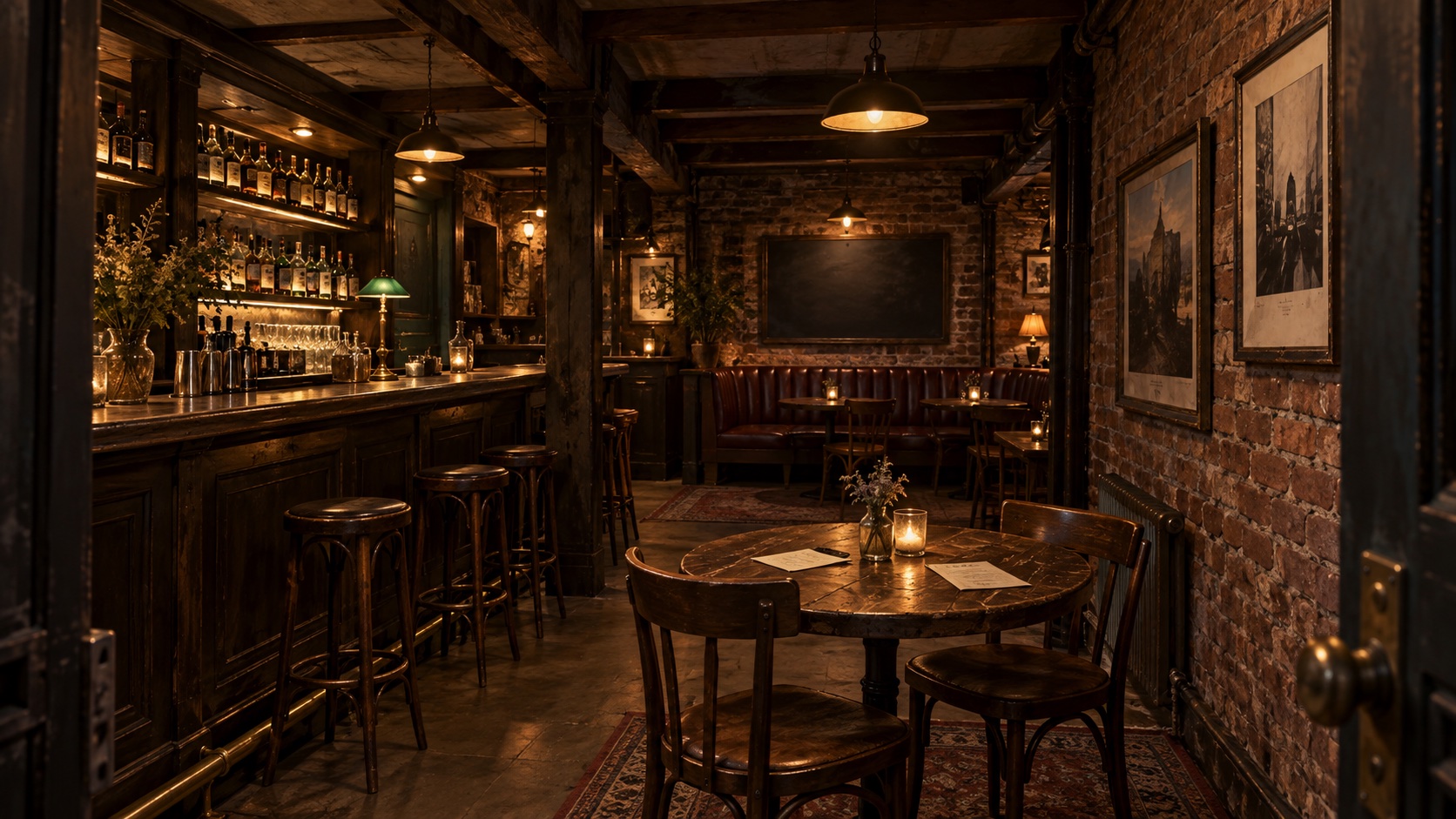 An interior study for Jasol’s: a warm wooden bar, a conversation table, and a wall for framed work.